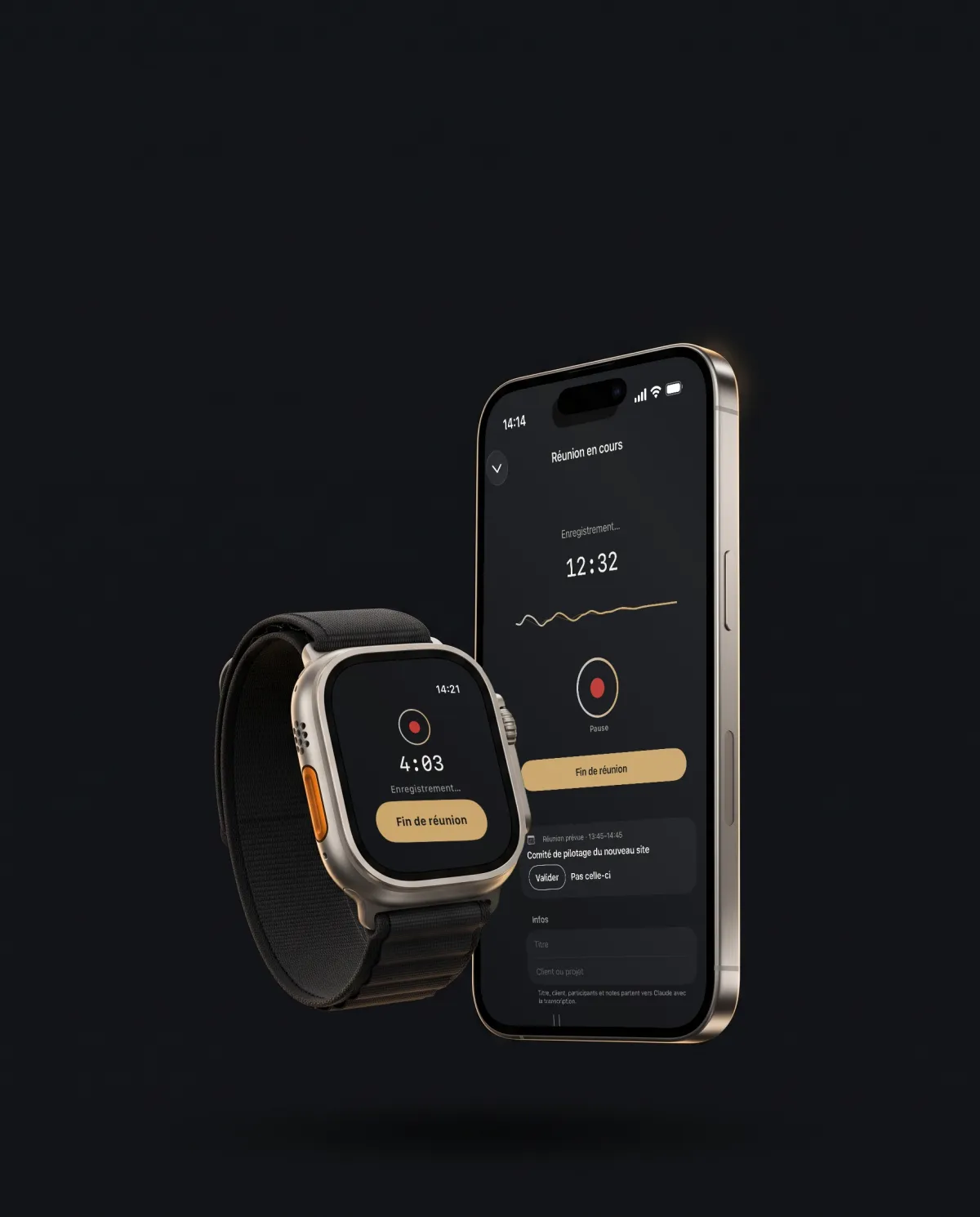 L'Apple Watch enregistre la réunion, l'iPhone affiche « Réunion en cours »